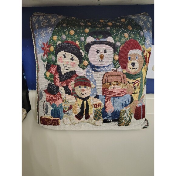 Christmas Tapestry Throw Pillow Snowman Bears Holiday - Picture 2 of 7